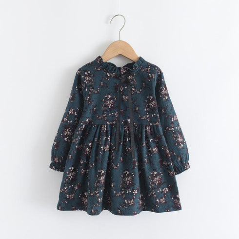 Girl's Spring And Autumn Floral Lace-Up Dress